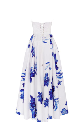 vestido midi longo branco com detalhes azul-vestimi