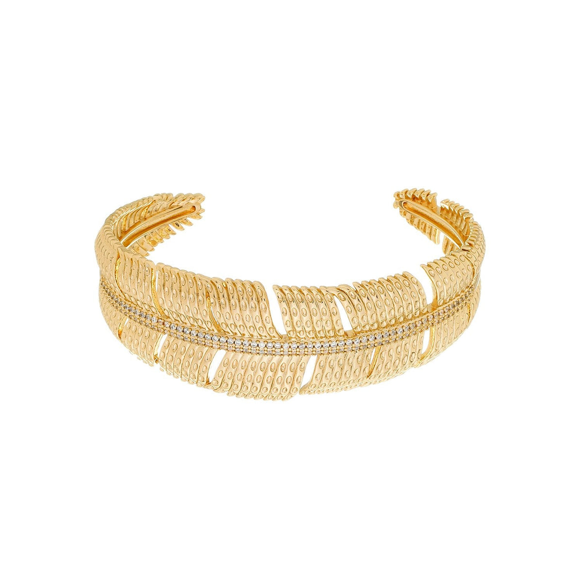 Bracelete Dourado de Pena Cravejado de Zircônia - Revestido a ouro 24k