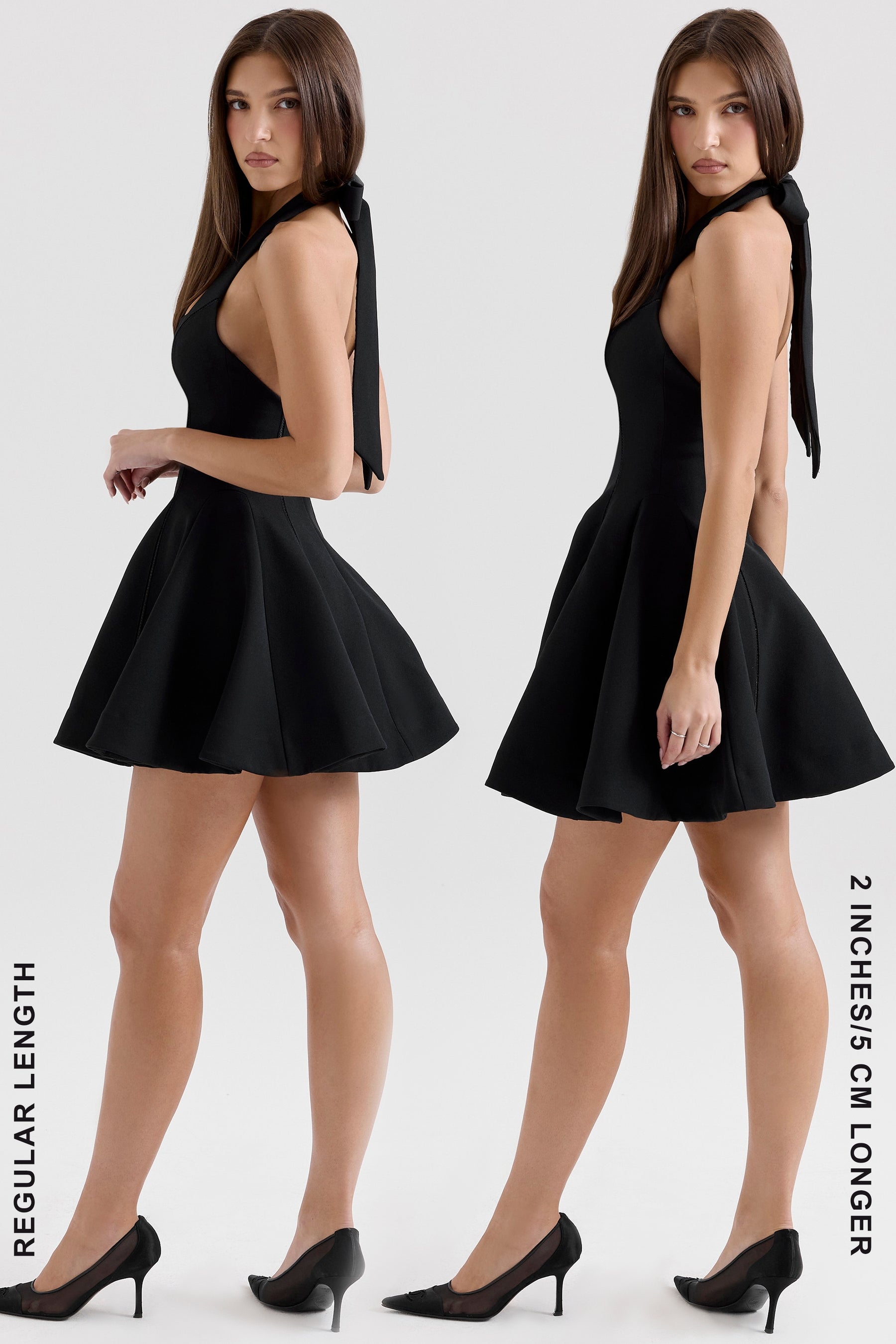 Vestido curto preto com decote halter e laço